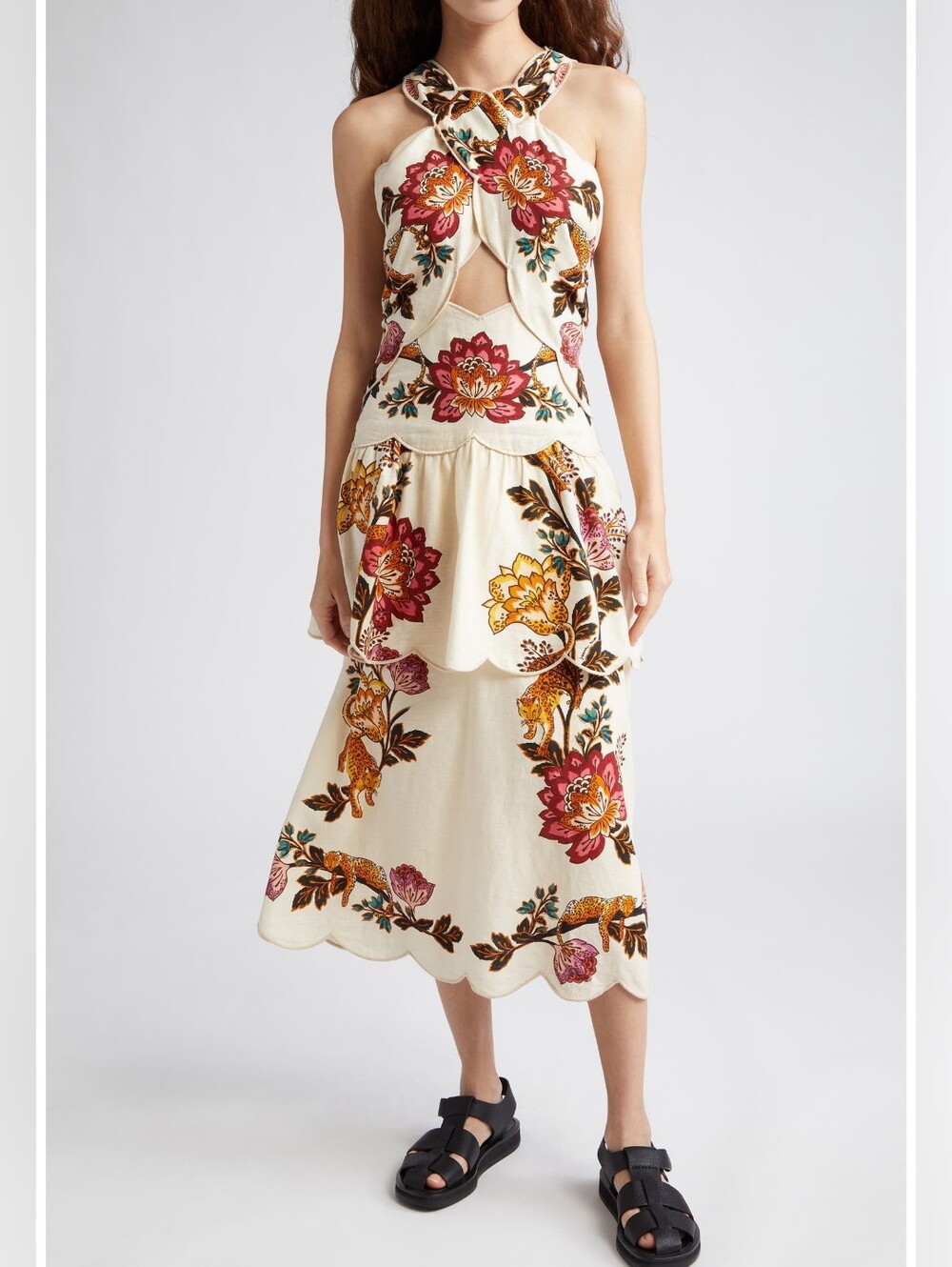 Farm Rio Leopard Flowers Print Cutout Detail Linen Blend Dress L